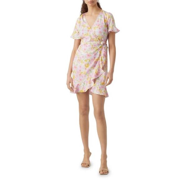 Vero Moda Dresses & Skirts - Vero Moda Pink Floral Wrap Mini Dress M NWT Pastel Ruffle Frill Summer Coquette